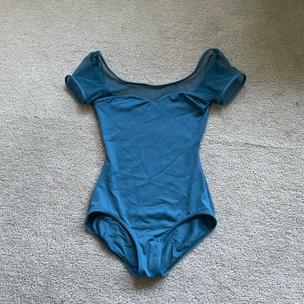 SOLD - Capezio Aqua blue leotard with mesh sleeves